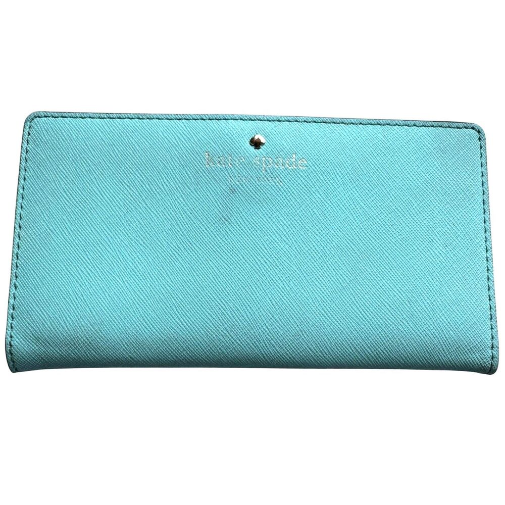 Kate Spade Mikas Pond Stacy Slim Bifold Saffiano Leather Wallet Aqua Blue